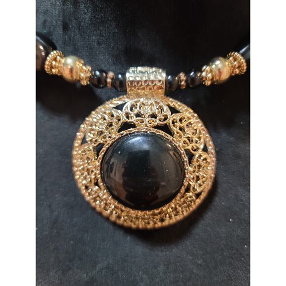 Womens Black Beaded Necklace With Large Gold Filigree Pendant By Sophia And Kate - Picture 3 of 8
